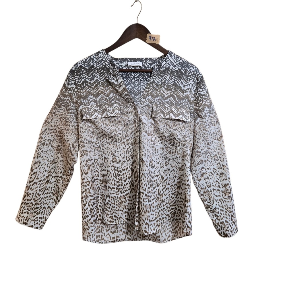 Calvin Klein Women's Long Sleeve Blouse SZ SM Chevron‎ Animal Print White Grey